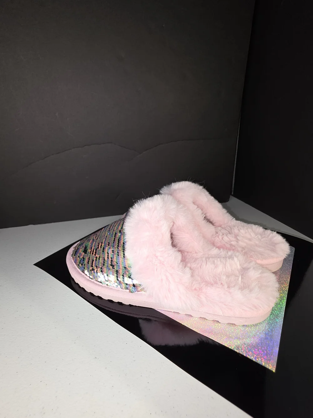 The Children's Place Flip Sequin Faux Fur Slippers Pink Multi Big Girl Sz 5/6